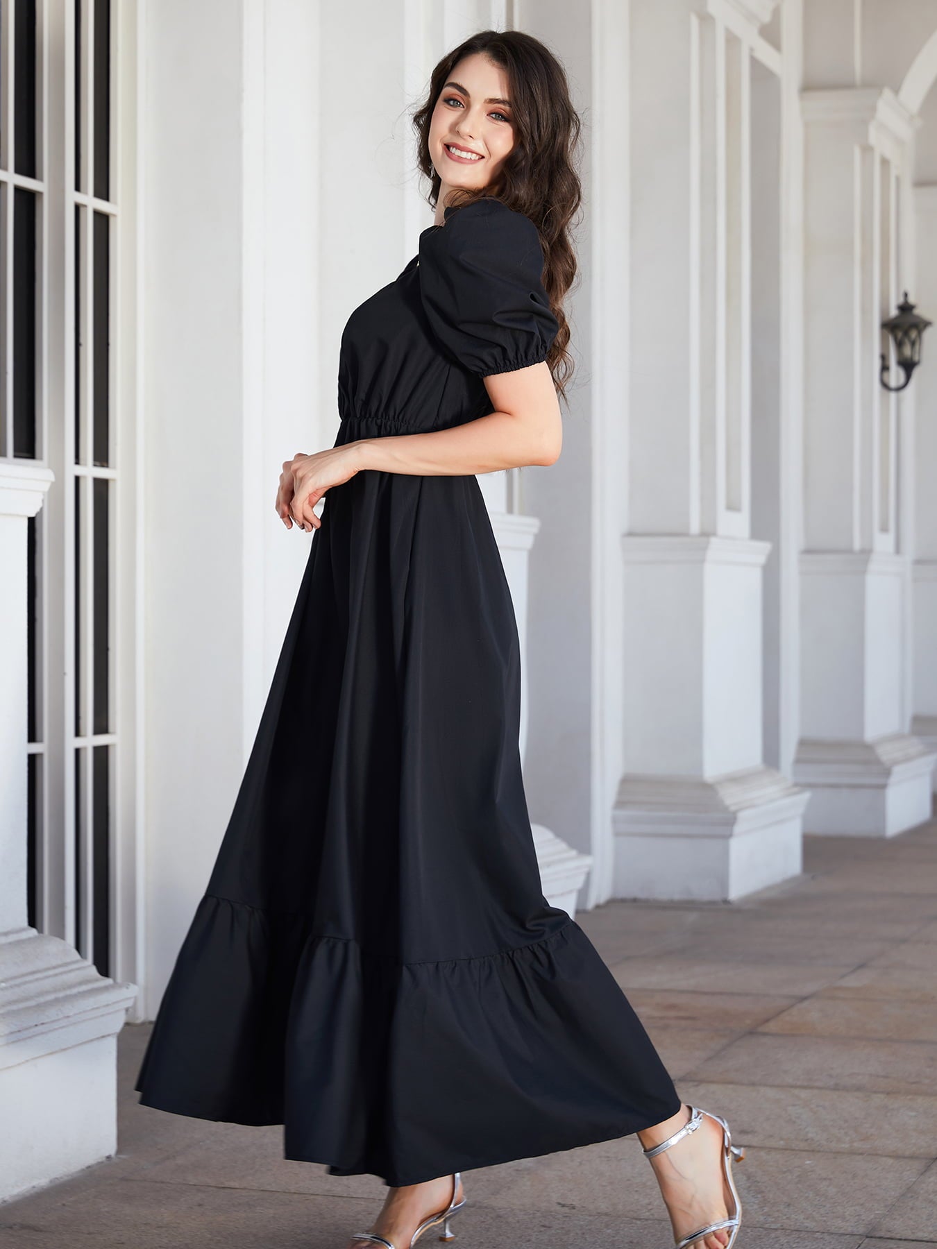 surplice neck ruffle hem balloon sleeve maxi dress