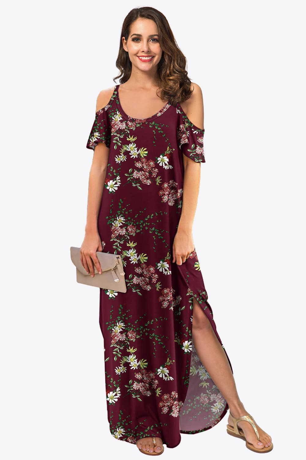 slit scoop neck cold-shoulder maxi dress