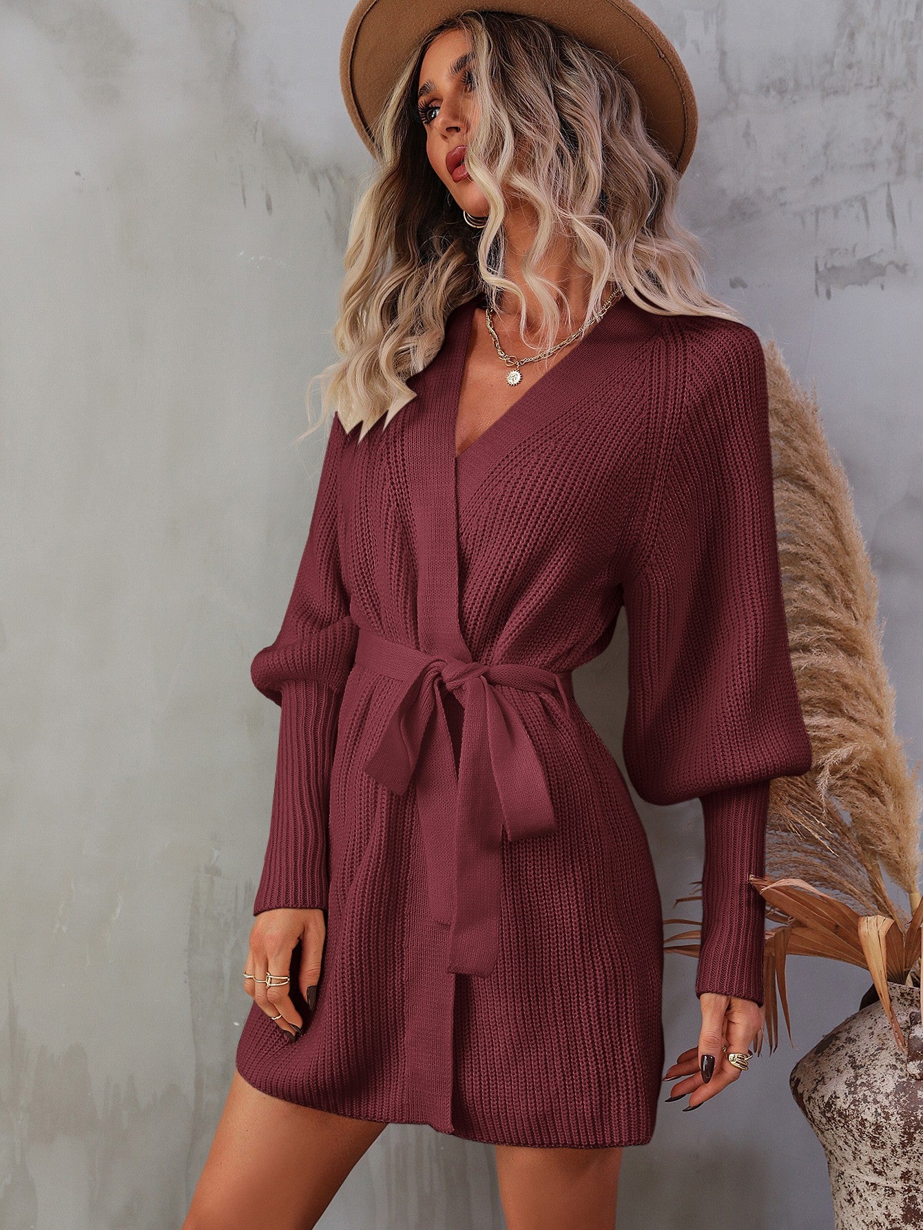 belted surplice lantern sleeve wrap sweater dress