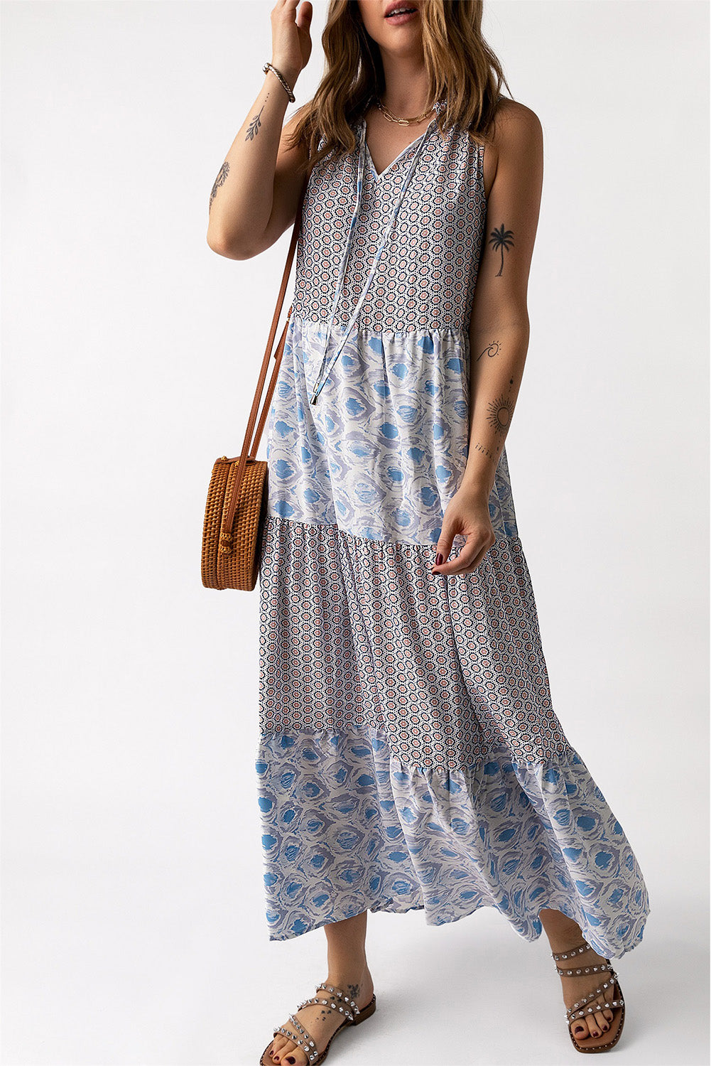 mixed print tie-neck sleeveless maxi dress