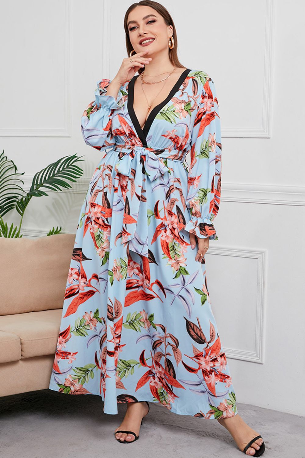 plus size belted surplice flounce sleeve maxi dress
