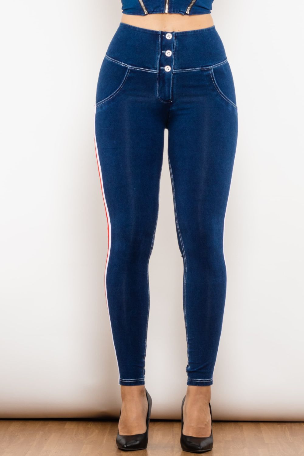 side stripe buttoned high waist skinny jeans