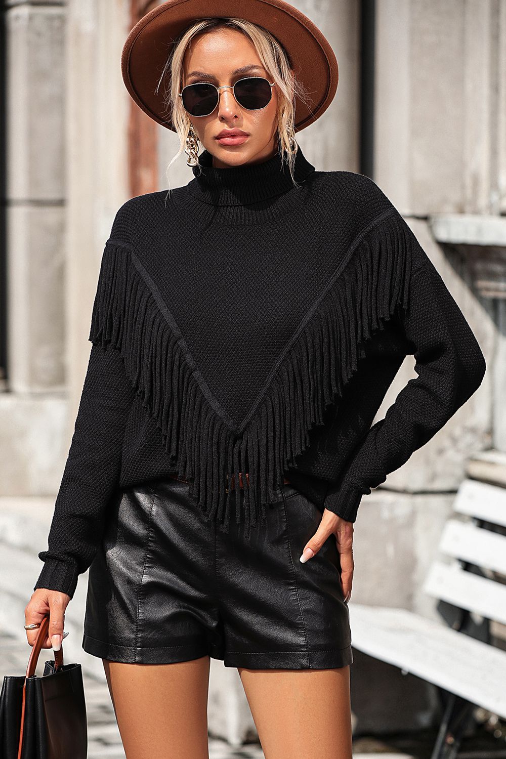 turtle neck tassel front long sleeve pullover sweater