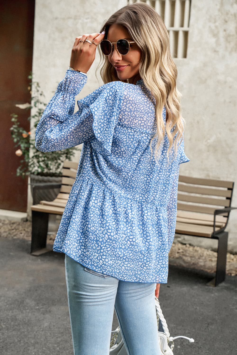 printed round neck flounce sleeve blouse