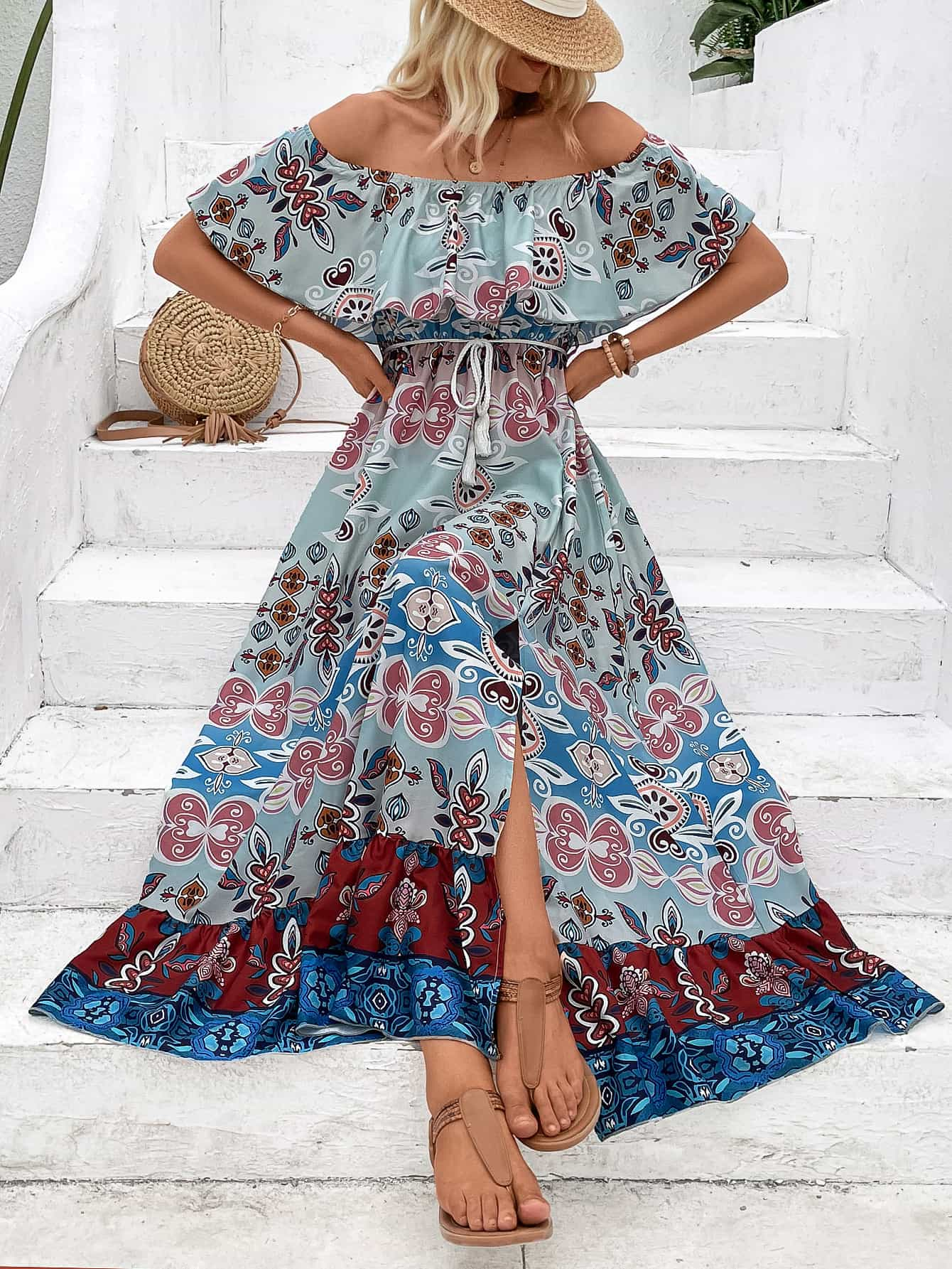 printed off-shoulder slit maxi dress