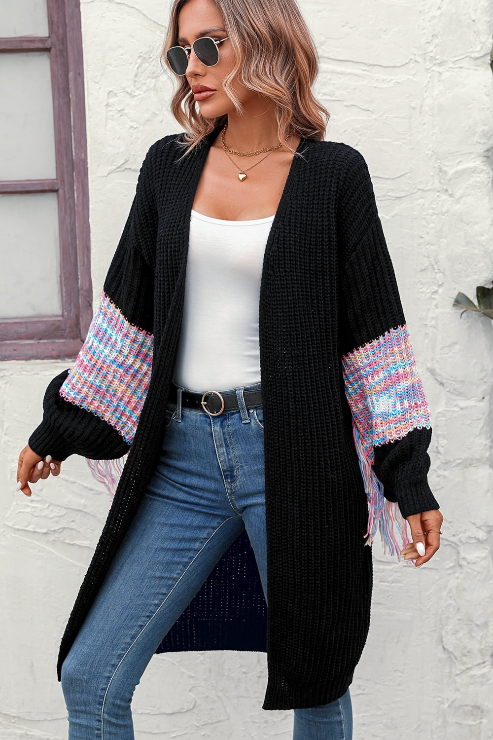 fringe sleeve dropped shoulder cardigan