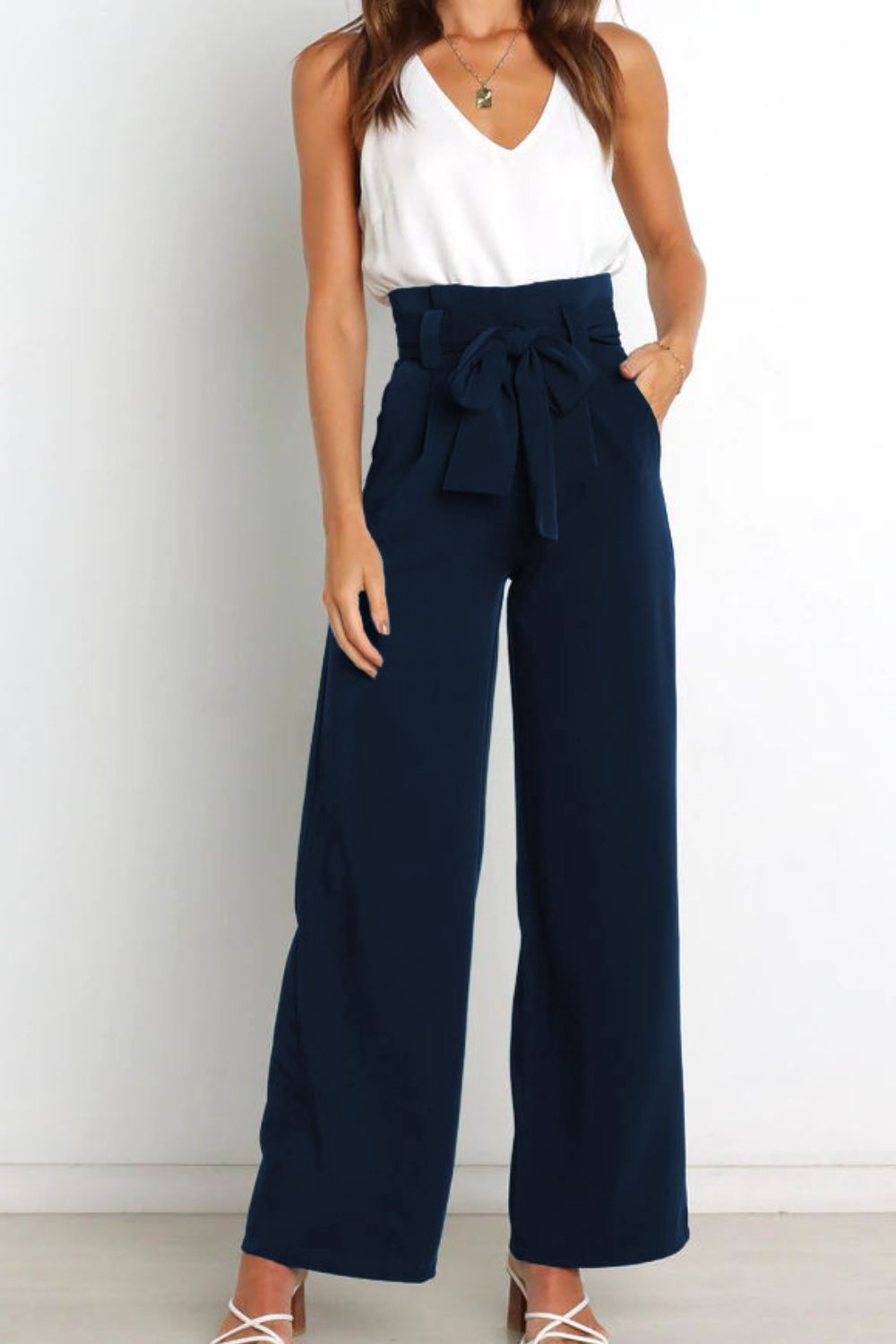 tie front paperbag wide leg pants