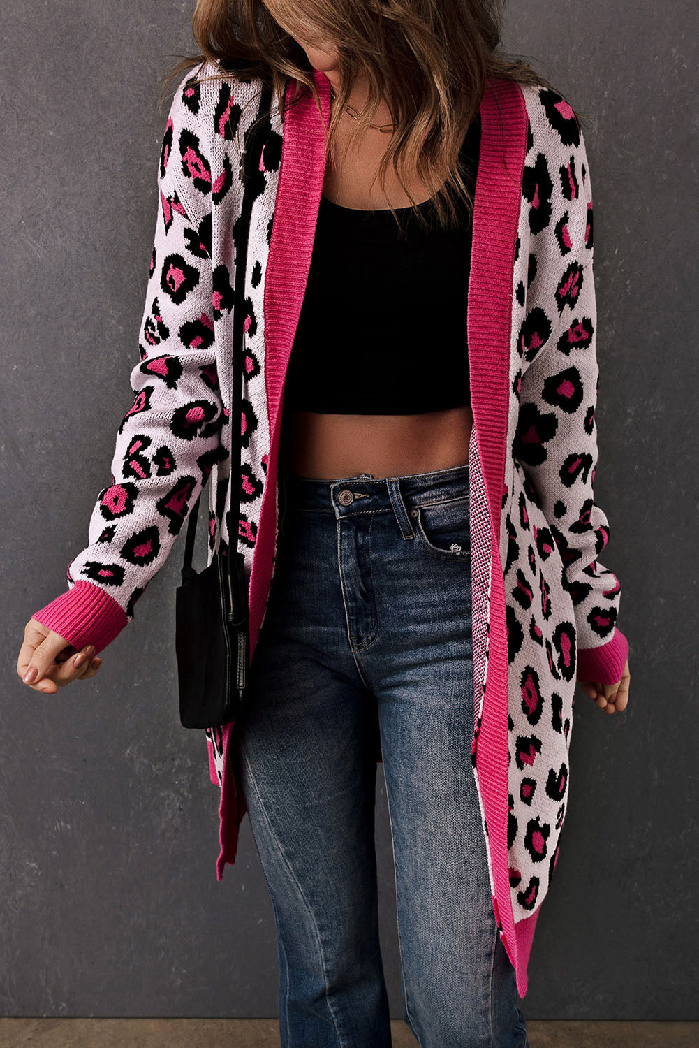 leopard contrast trim open front longline cardigan