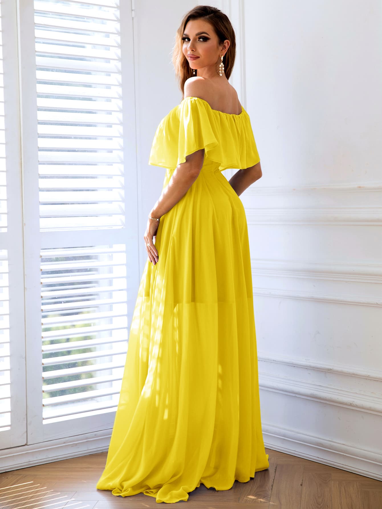 off-shoulder layered split maxi dress