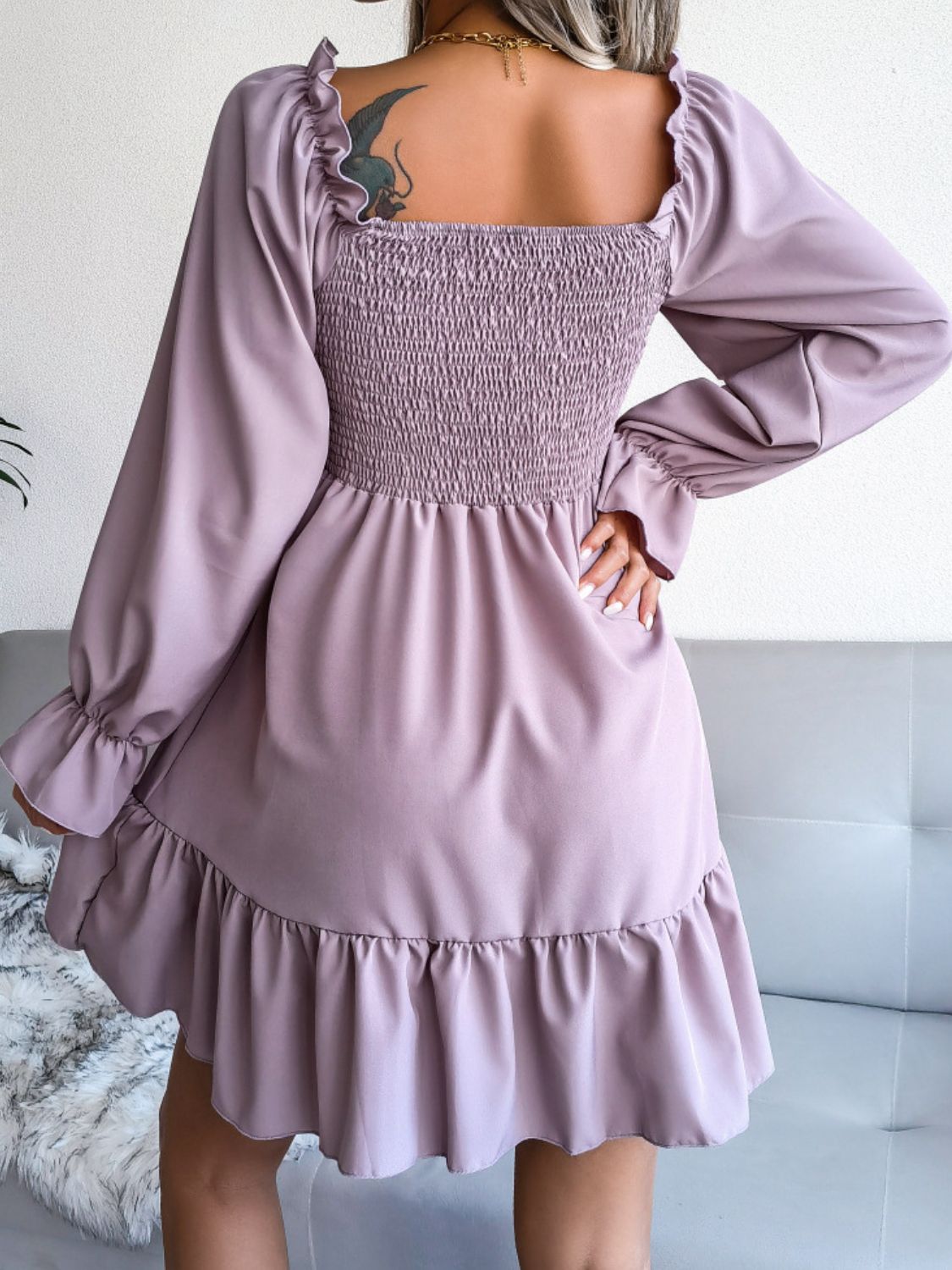 smocked flounce sleeve square neck dress