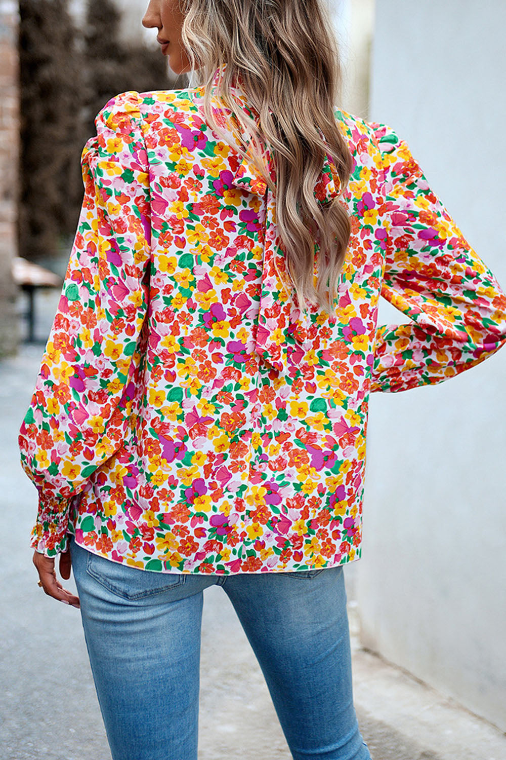 printed smocked puff sleeve blouse