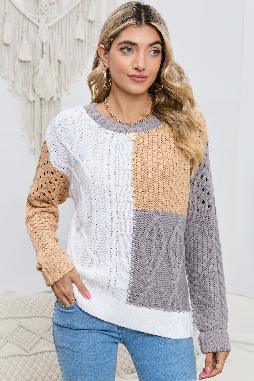 cable-knit openwork round neck color block sweater