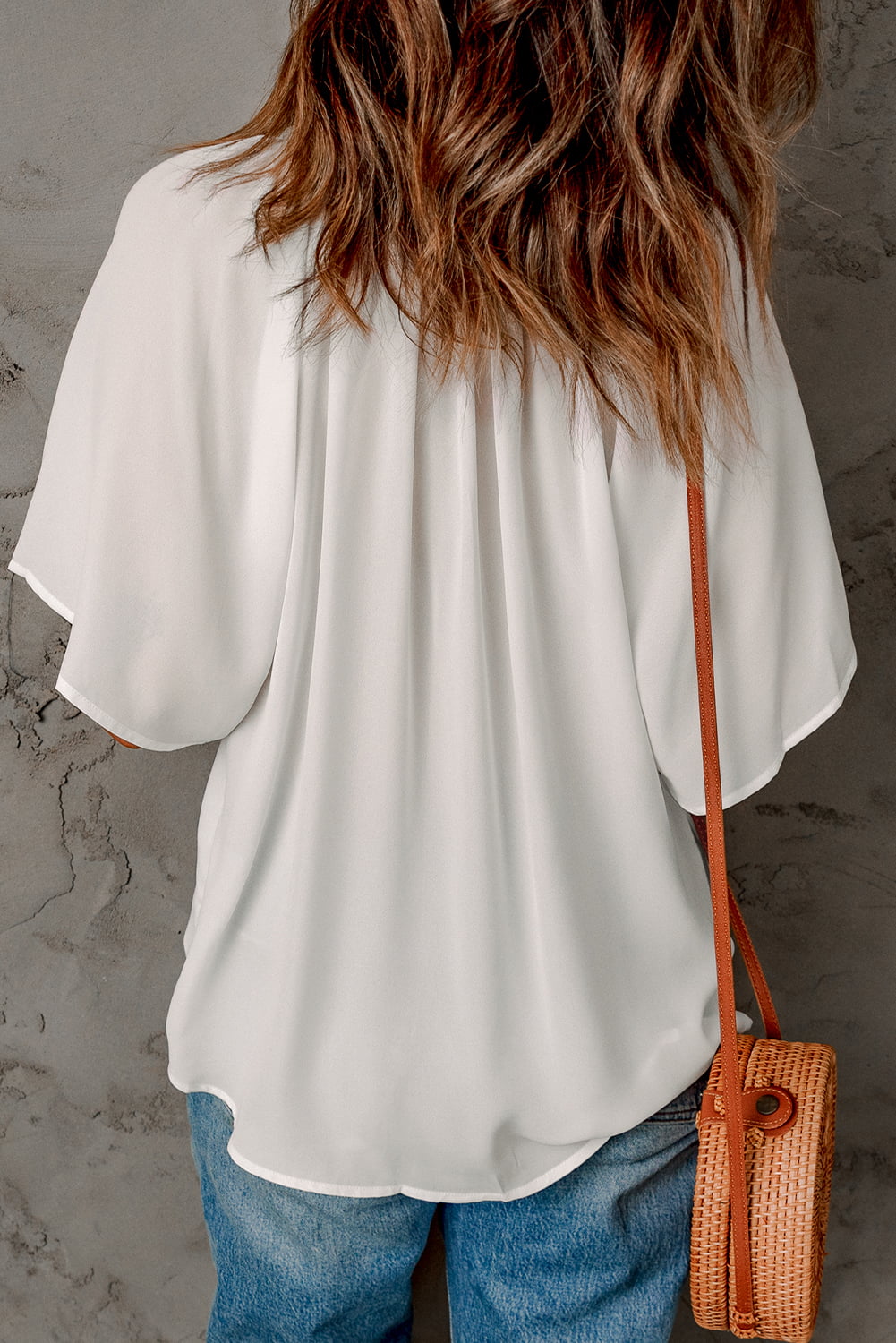 gathered detail notched neck flutter sleeve top