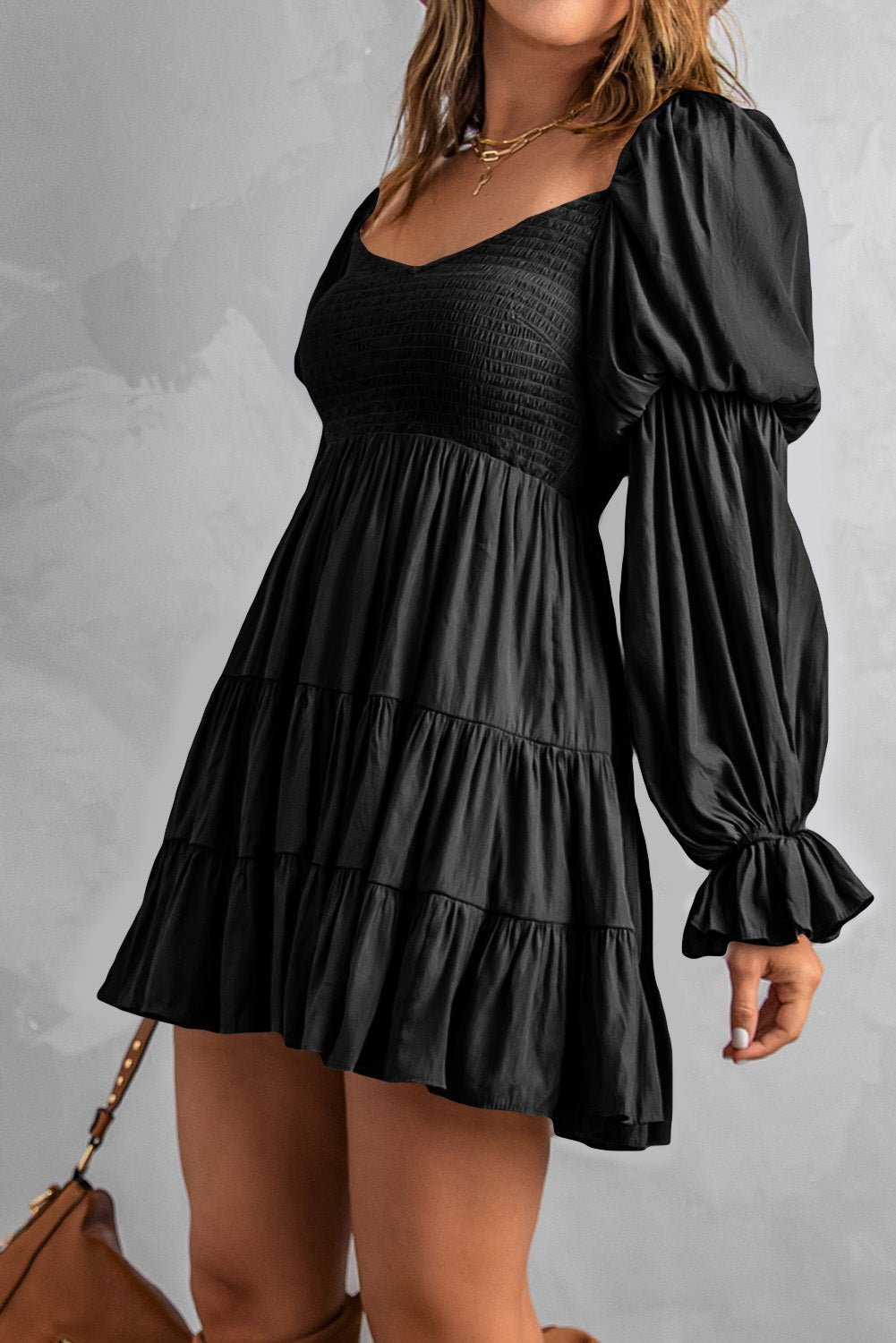 smocked off-shoulder tiered mini dress