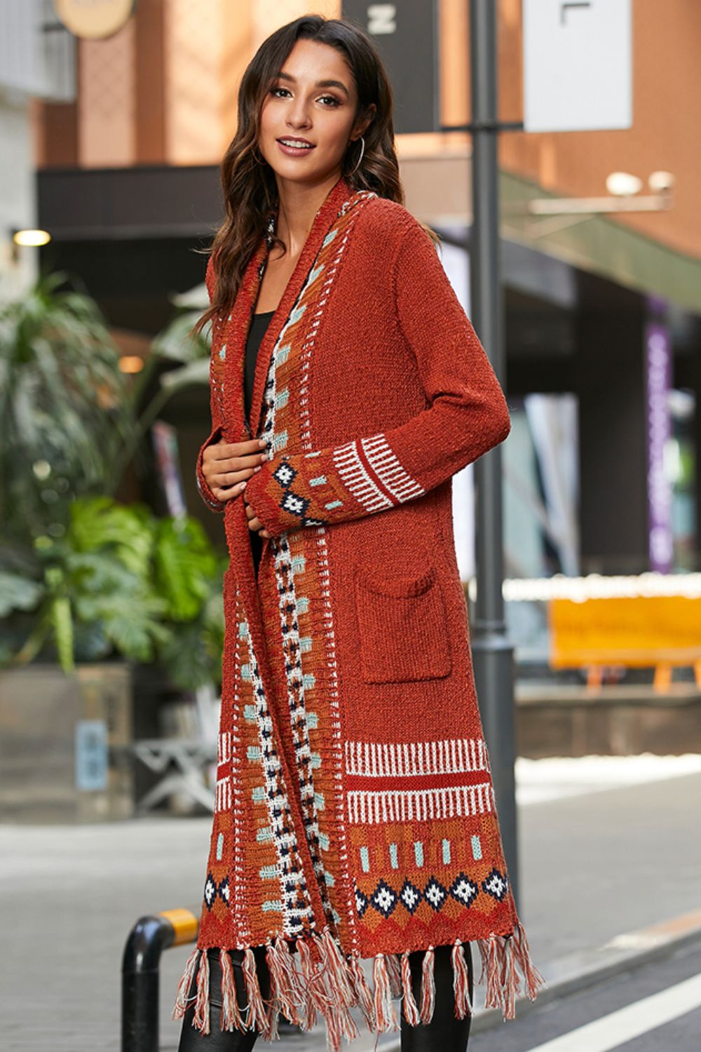 bohemian tassel hem open front duster cardigan