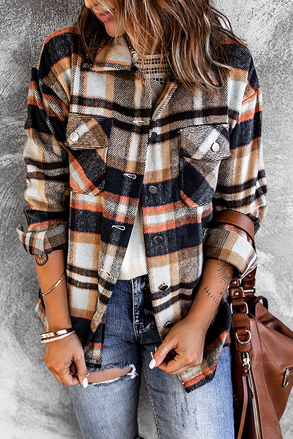 double take plaid button front shirt jacket with breast pockets