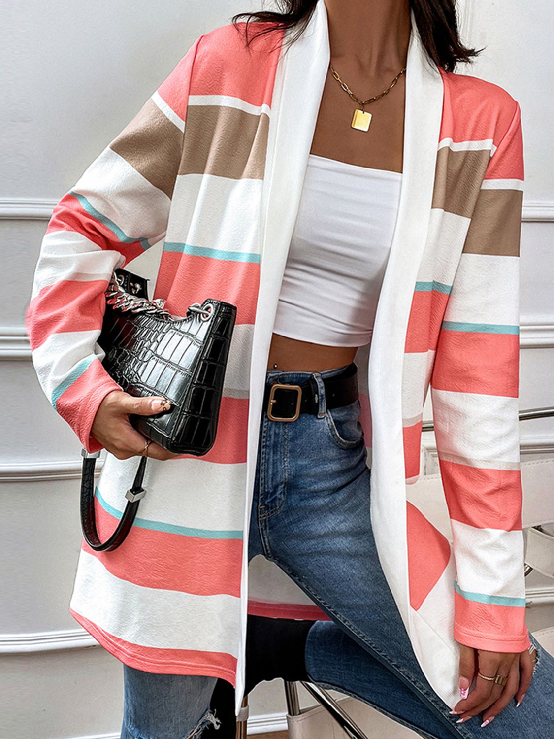 striped open front longline cardigan