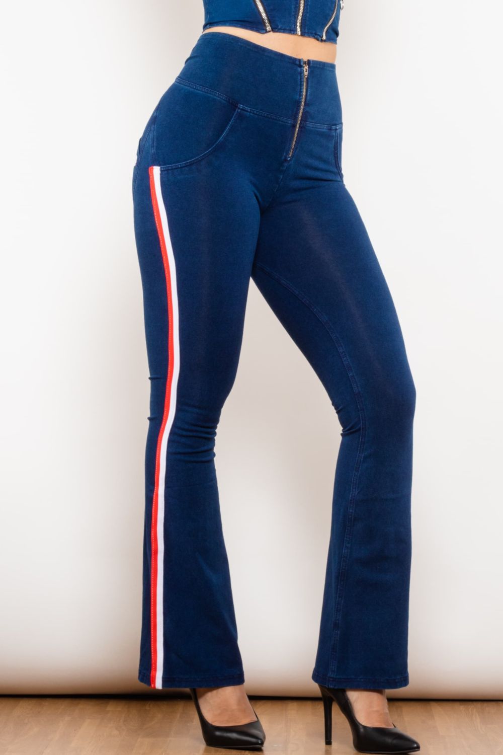 side stripe zip closure bootcut jeans