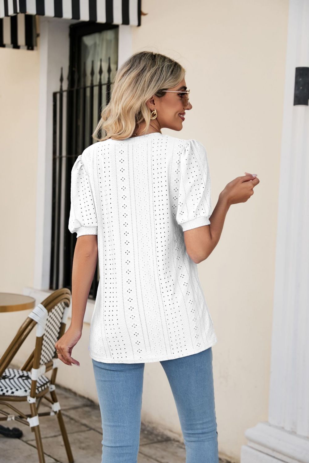 eyelet puff sleeve v-neck top