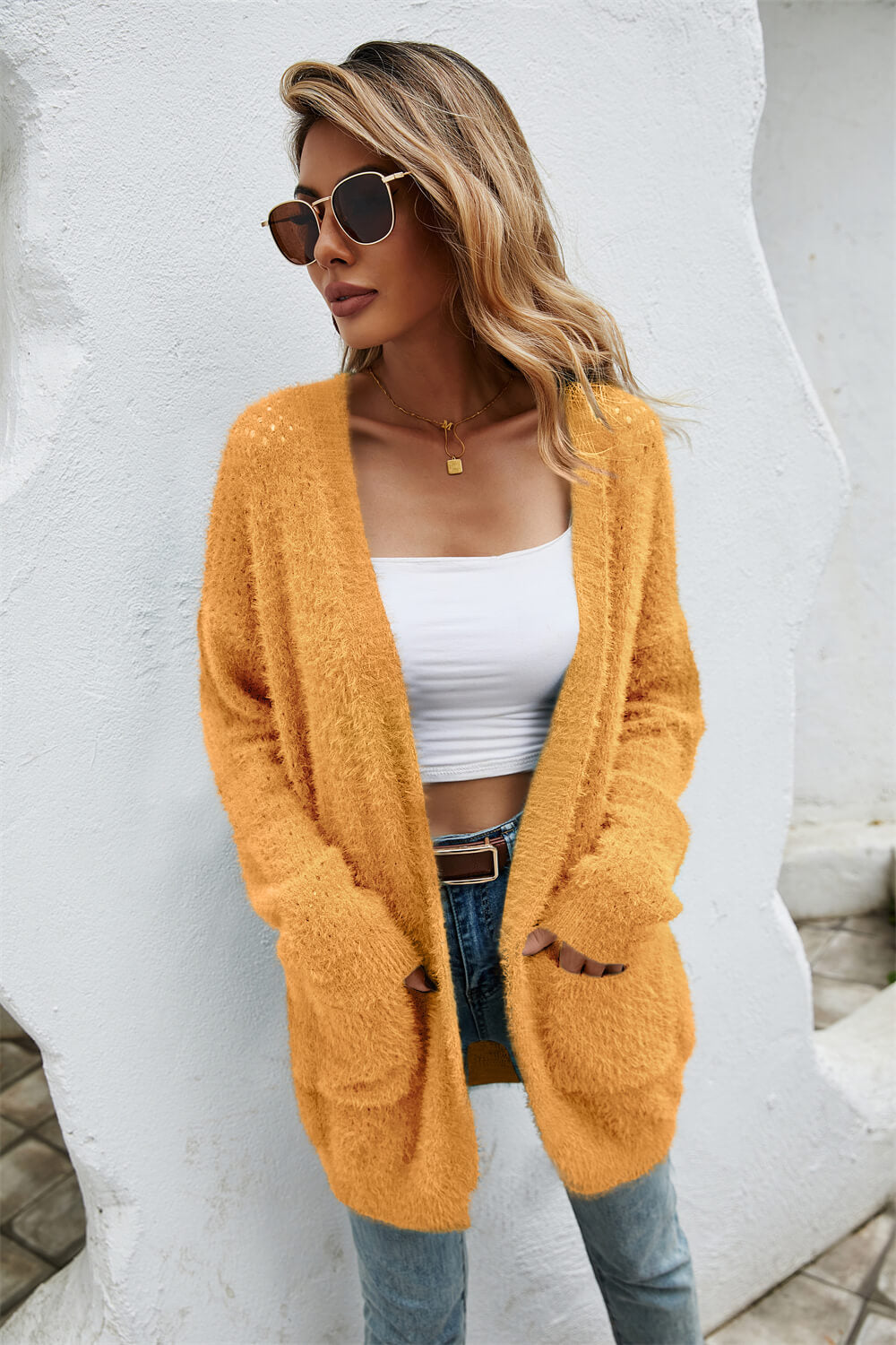 open front openwork fuzzy cardigan with pockets