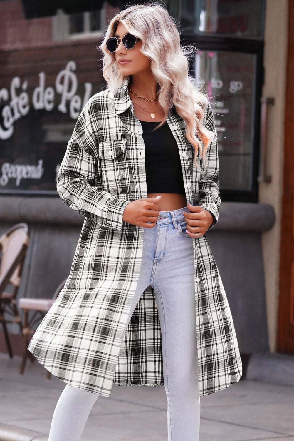 double take plaid button-up longline shacket with breast pockets