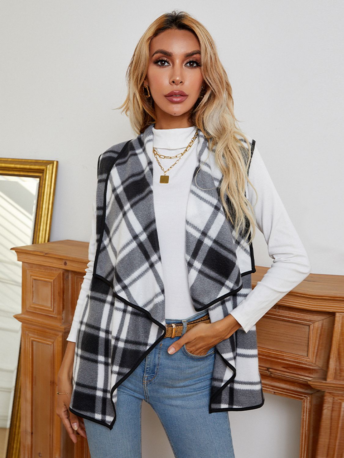 plaid open front vest