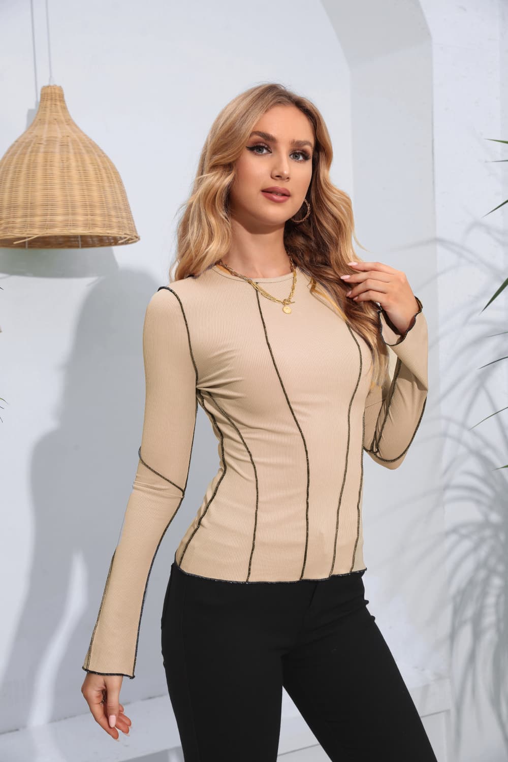 ribbed round neck long sleeve blouse