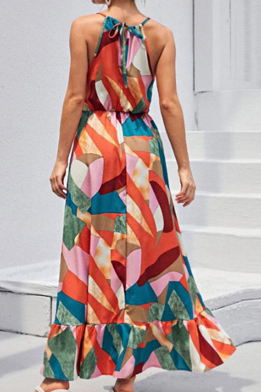 multicolored tied grecian neck maxi dress