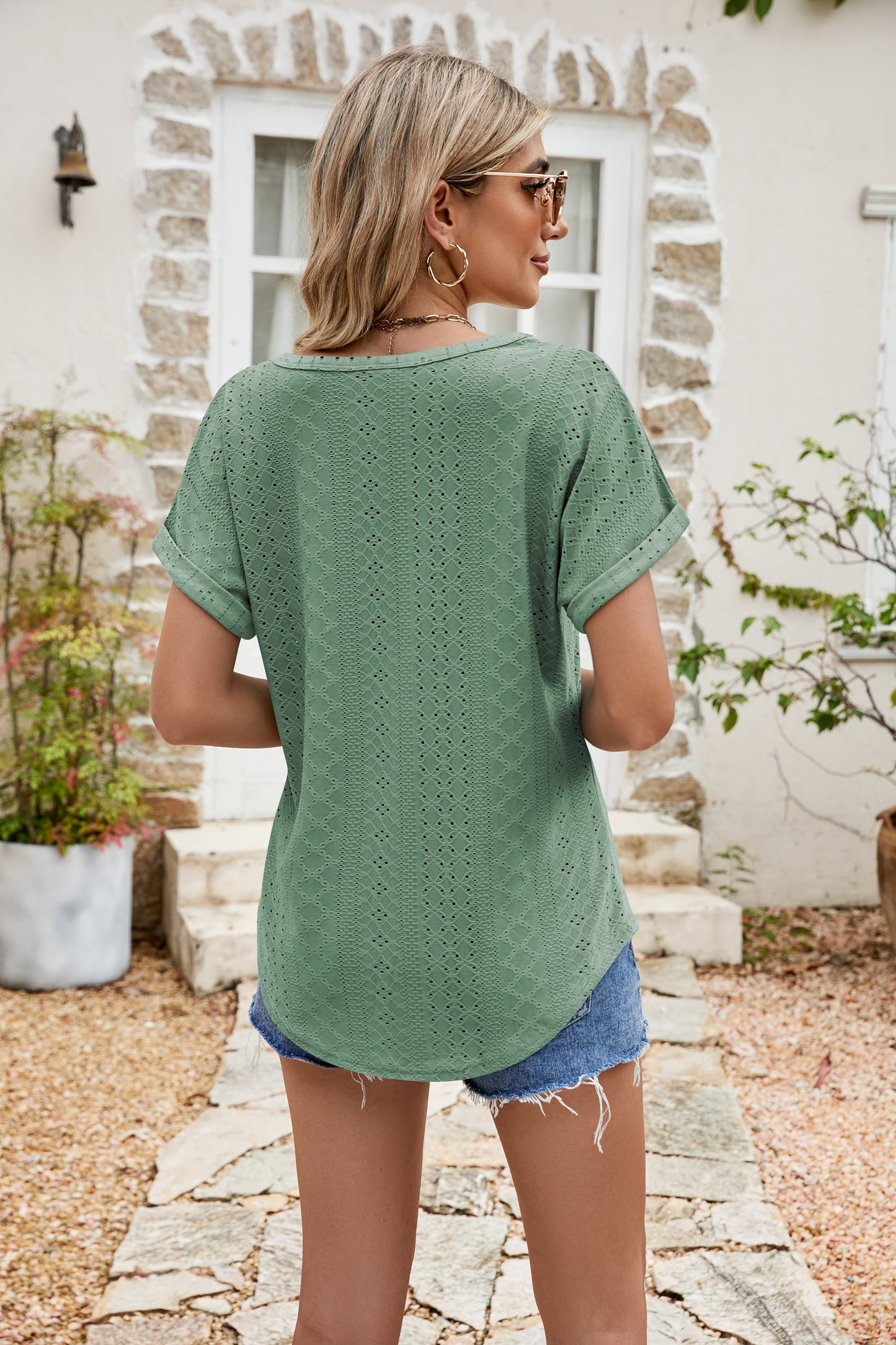 full size round neck eyelet short sleeve top