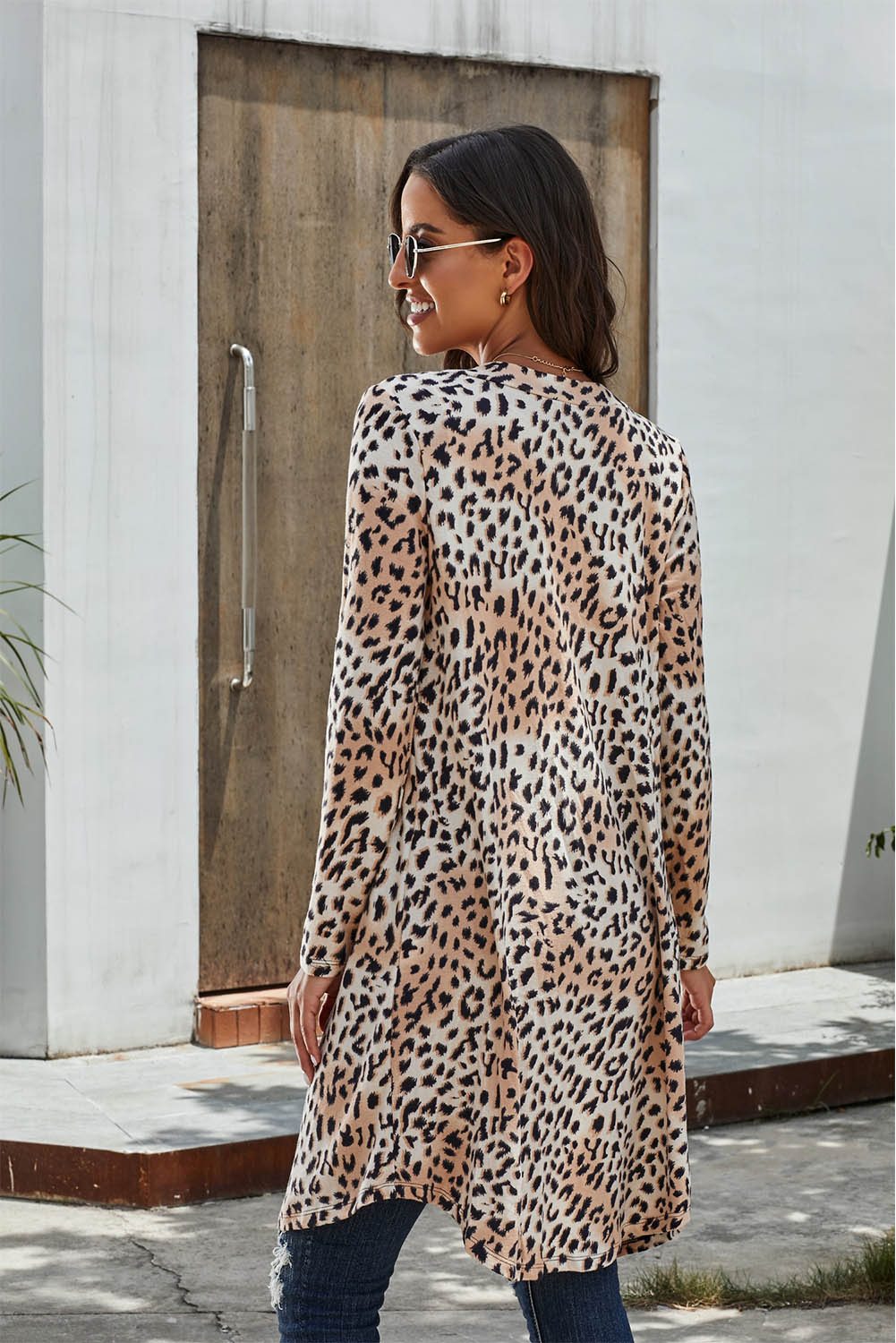 double take printed open front longline cardigan