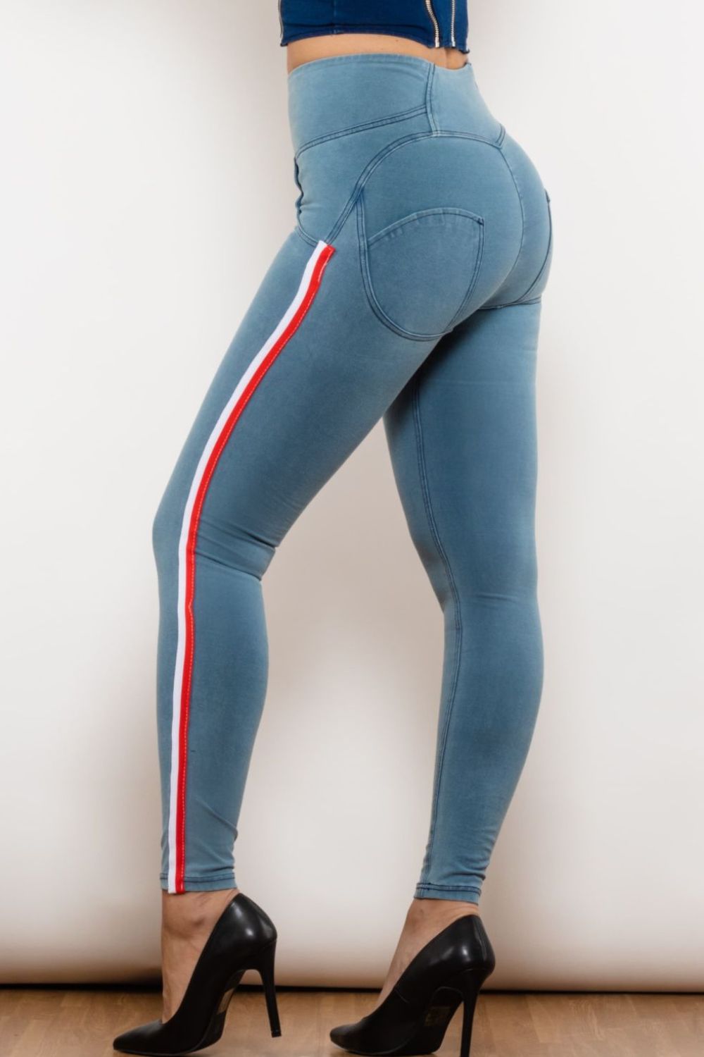 side stripe contrast zip closure skinny jeans