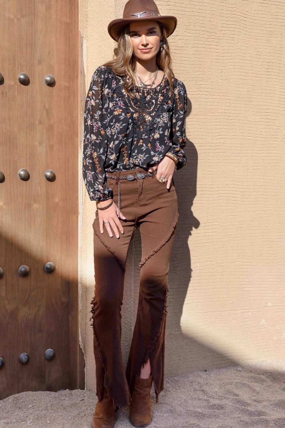 printed round neck long sleeve blouse