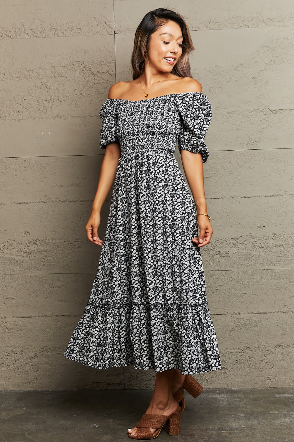 floral lace-up off-shoulder midi dress