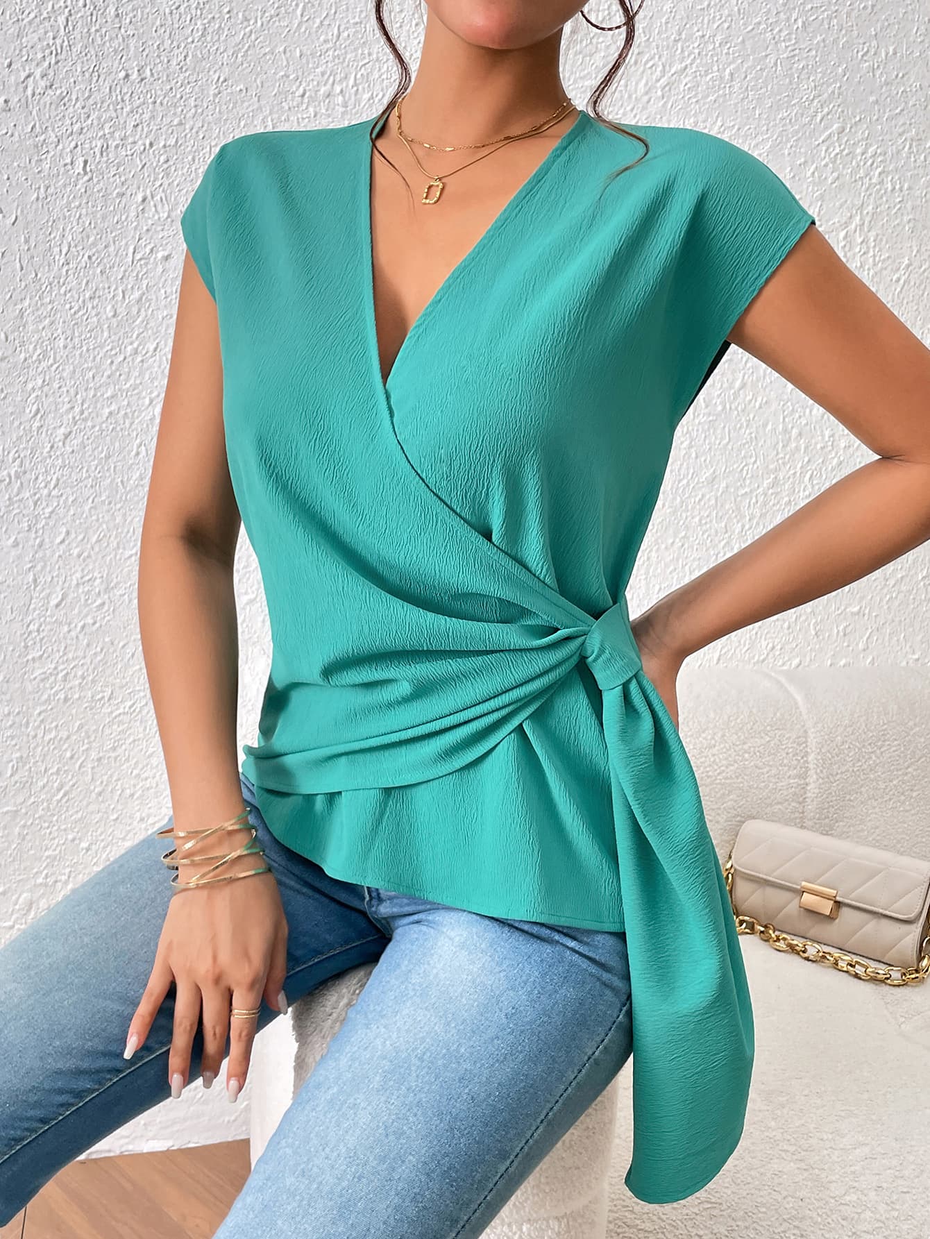 tied surplice neck short sleeve blouse