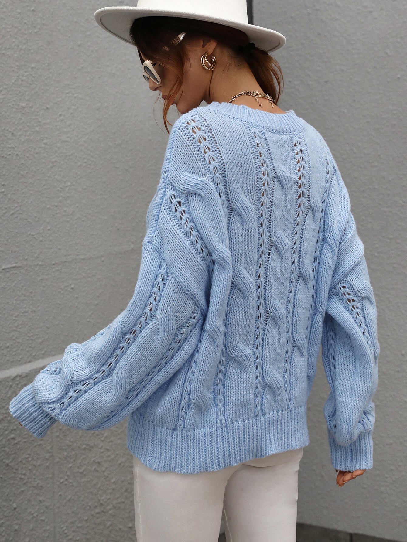 woven right cable-knit openwork round neck sweater