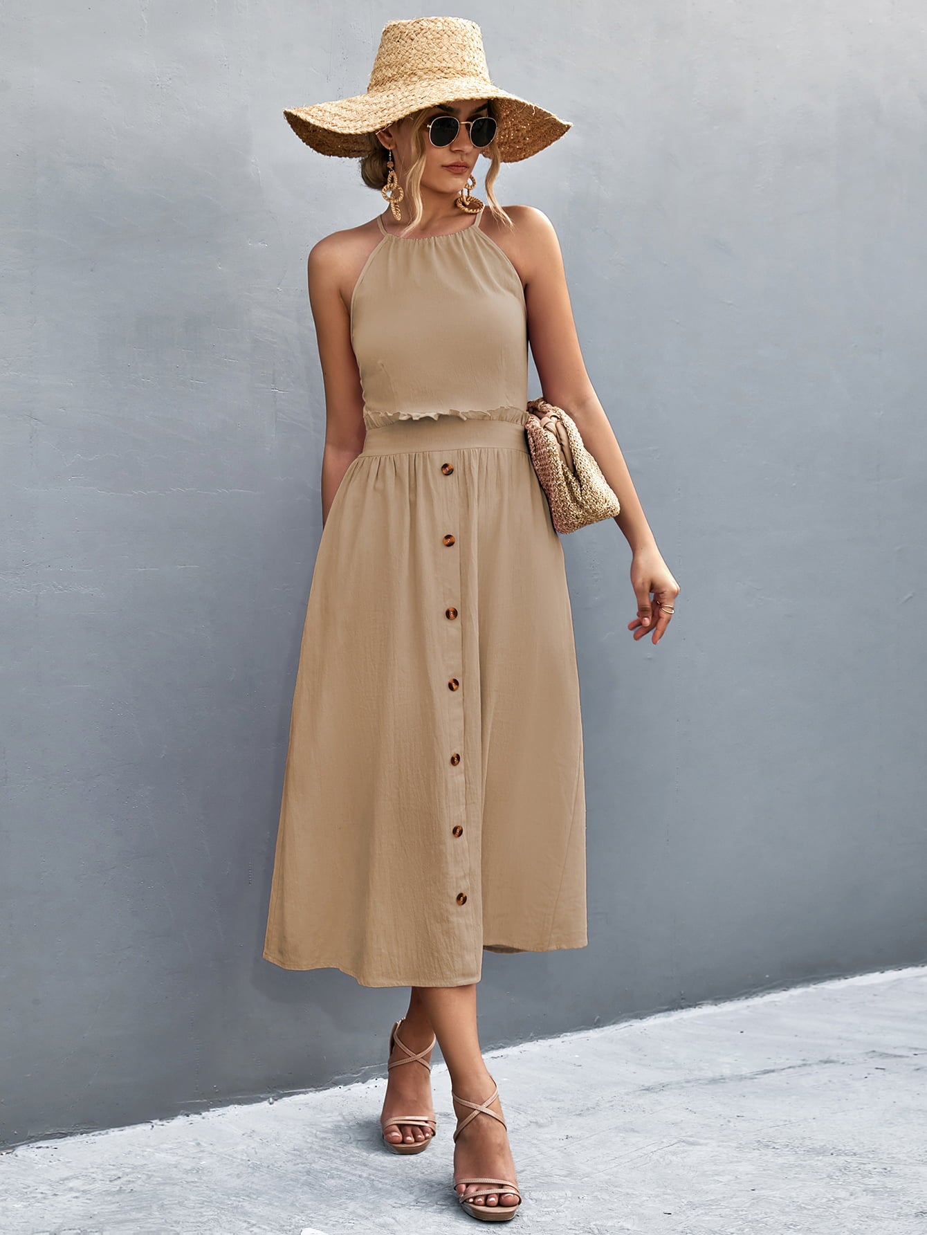 buttoned halter neck frill trim midi dress