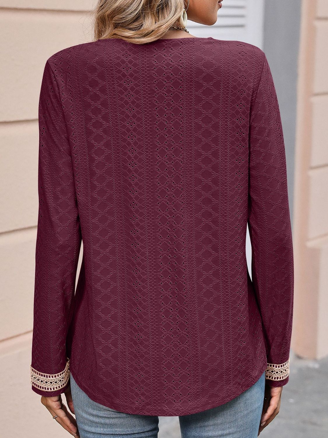 double take contrast v-neck eyelet long sleeve top