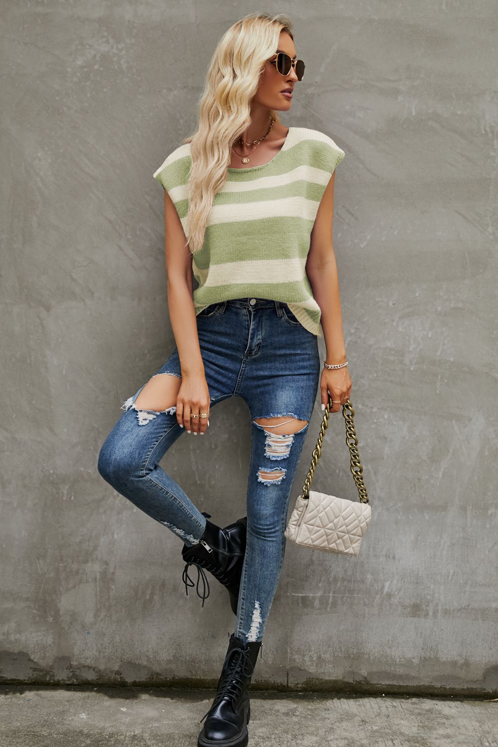 striped round neck cap sleeve knit top