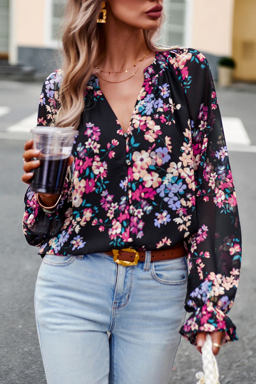 floral print flounce sleeve blouse