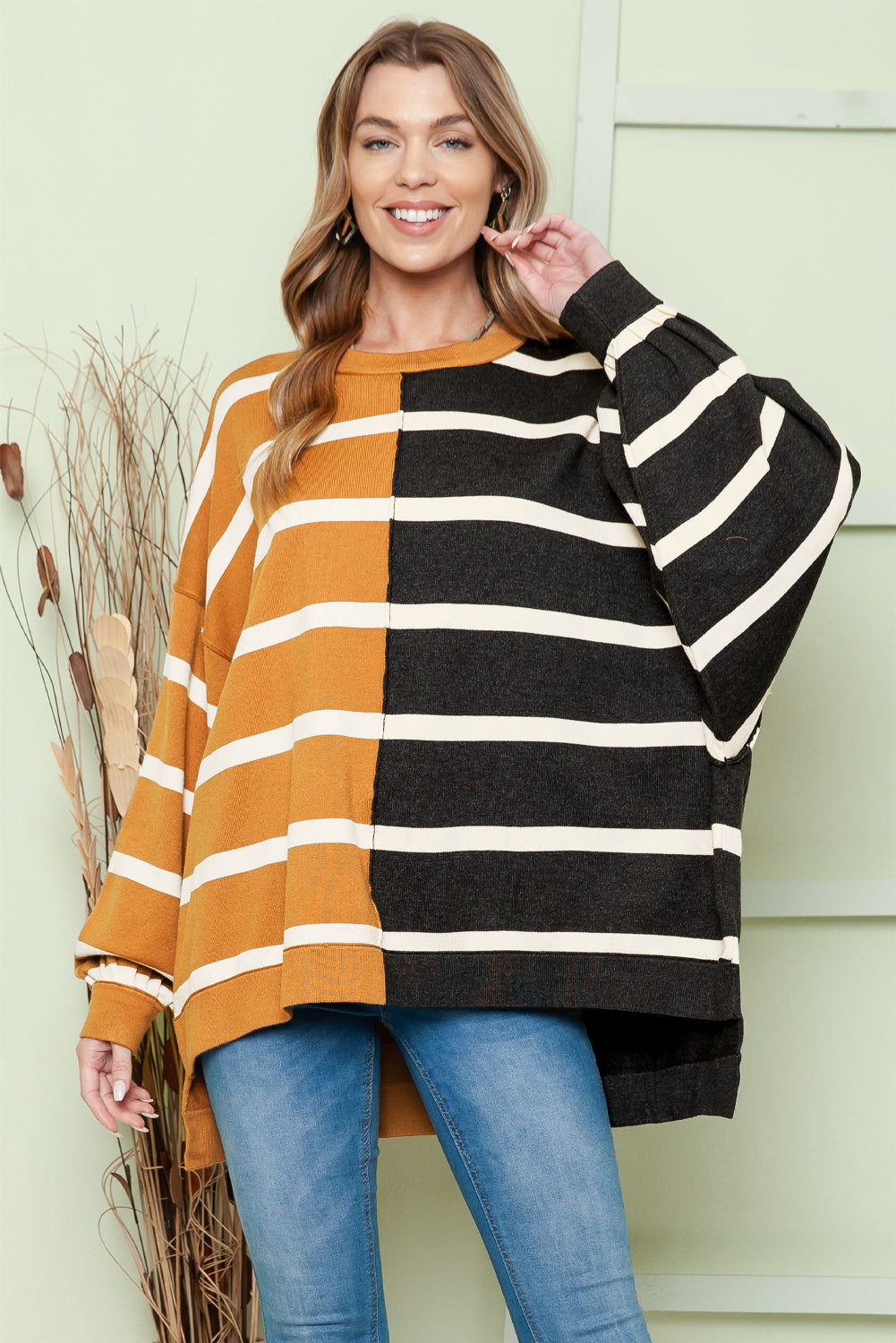 striped dropped shoulder round neck blouse