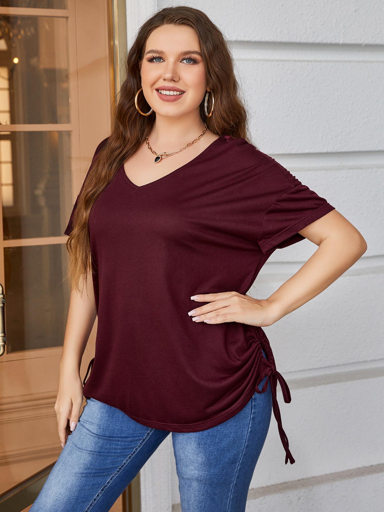 plus size drawstring v-neck short sleeve blouse