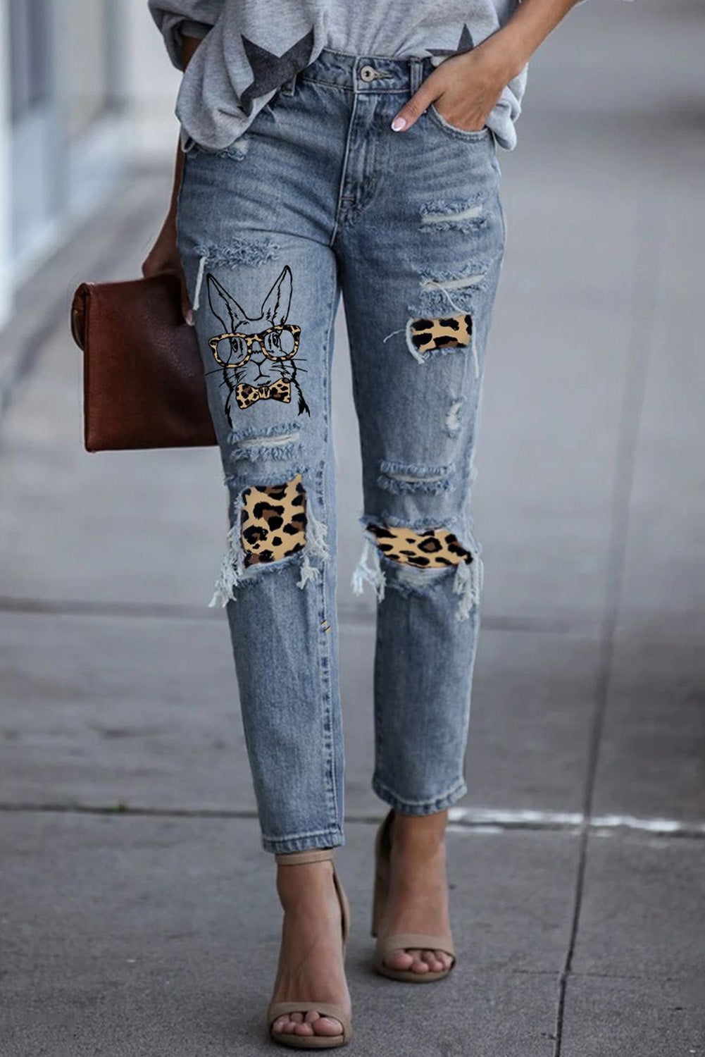 baeful easter leopard patch bunny graphic jeans