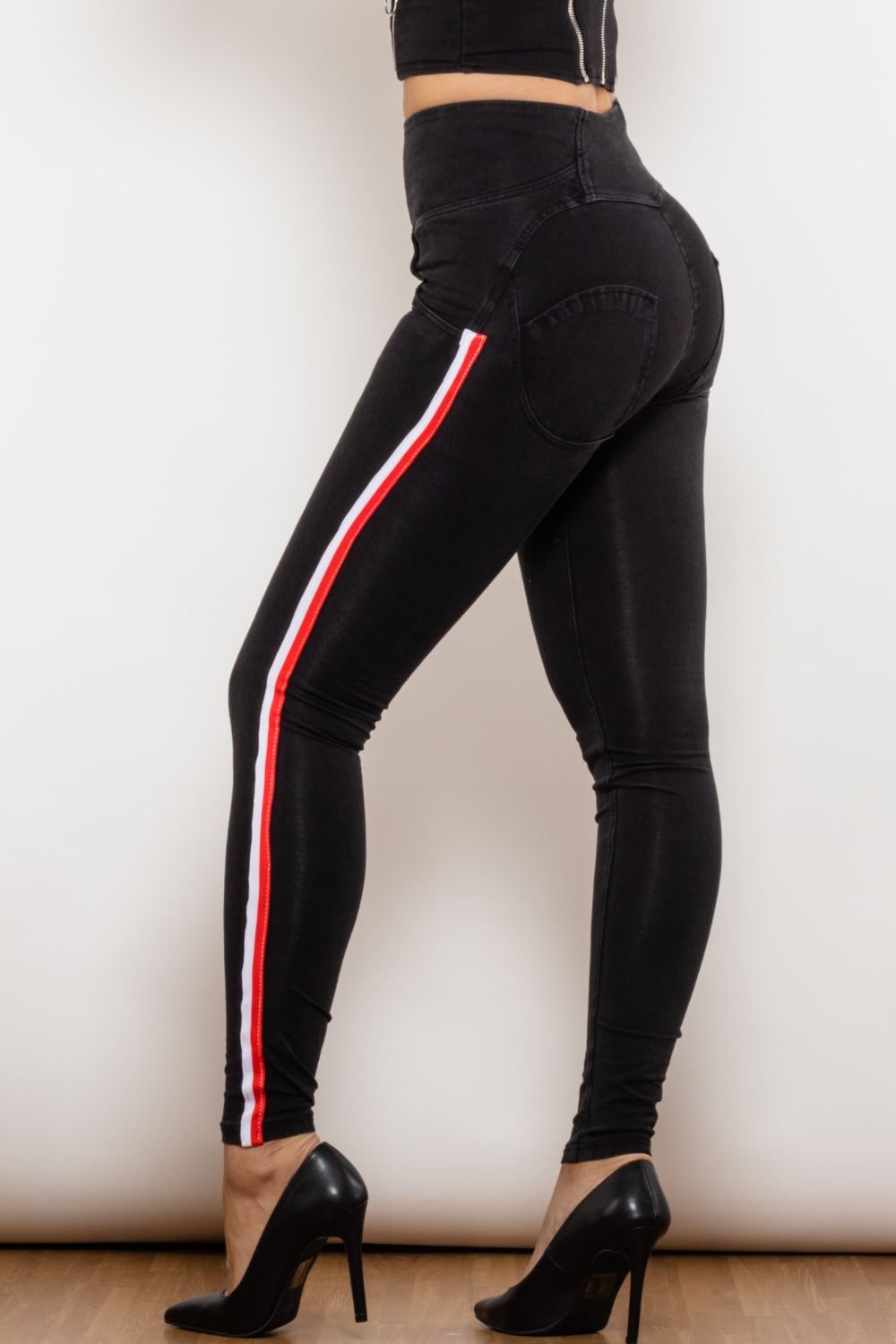 side stripe zip closure high waist jeans