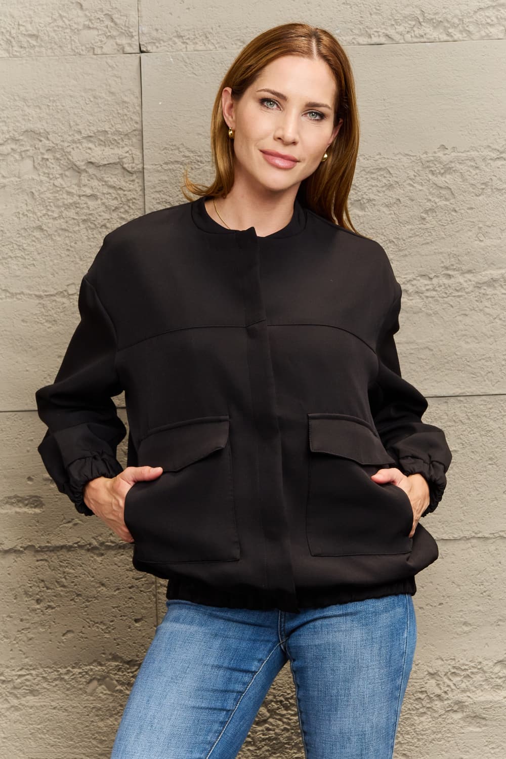 round neck dropped shoulder jacket with pockets