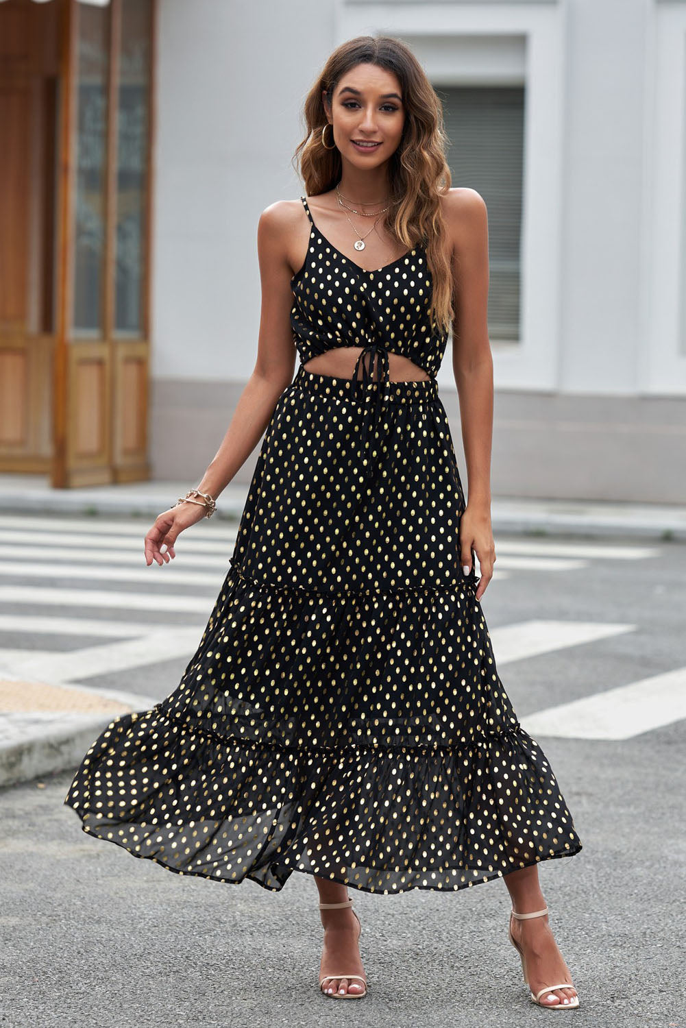 polka dot cutout spaghetti strap tiered maxi dress