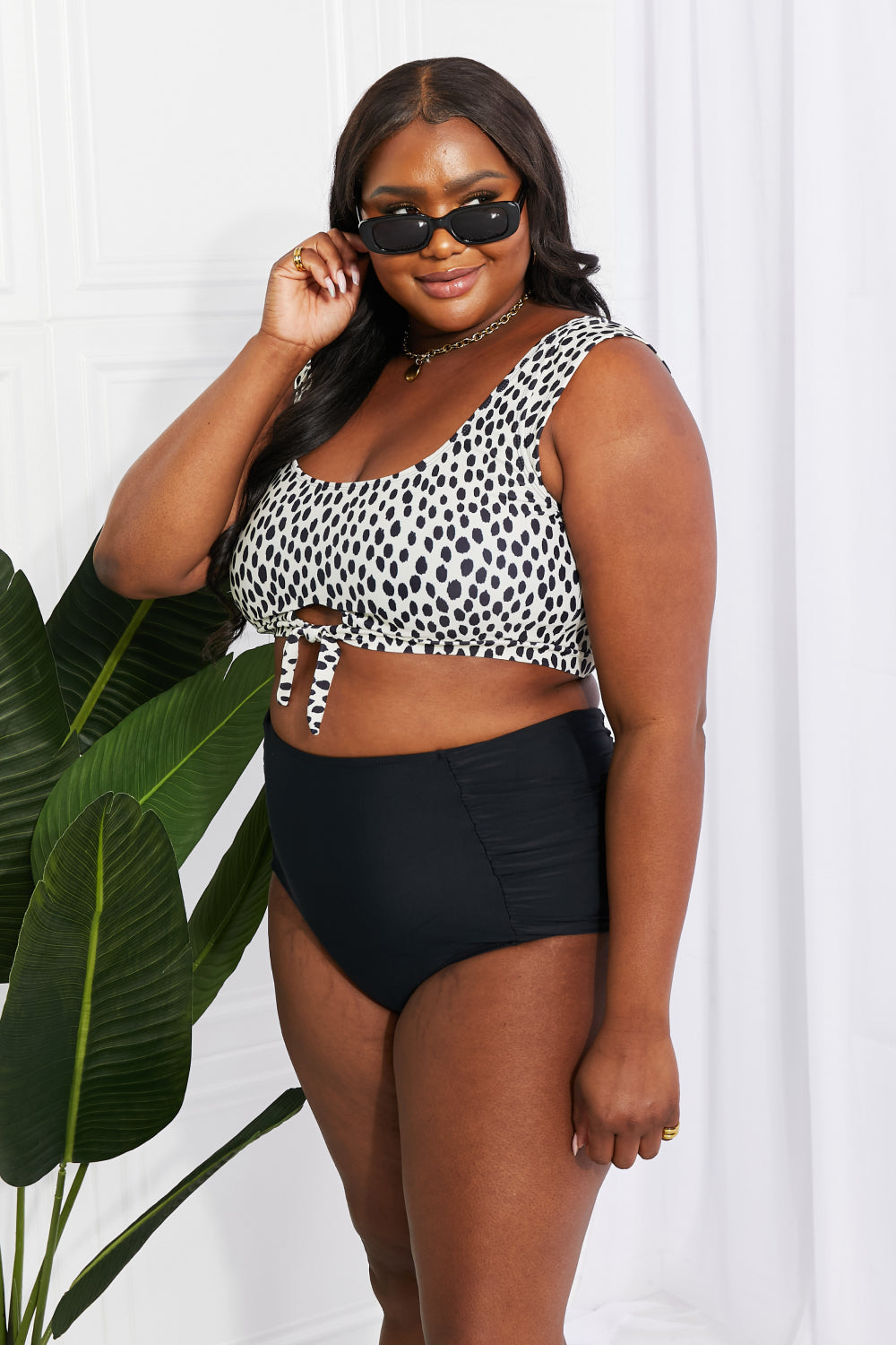 marina west swim sanibel crop swim top and ruched bottoms set in black
