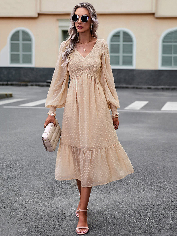 swiss dot v-neck flounce sleeve midi dress