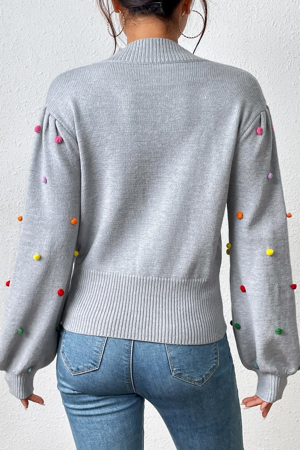 pom-pom trim mock neck long sleeve pullover sweater