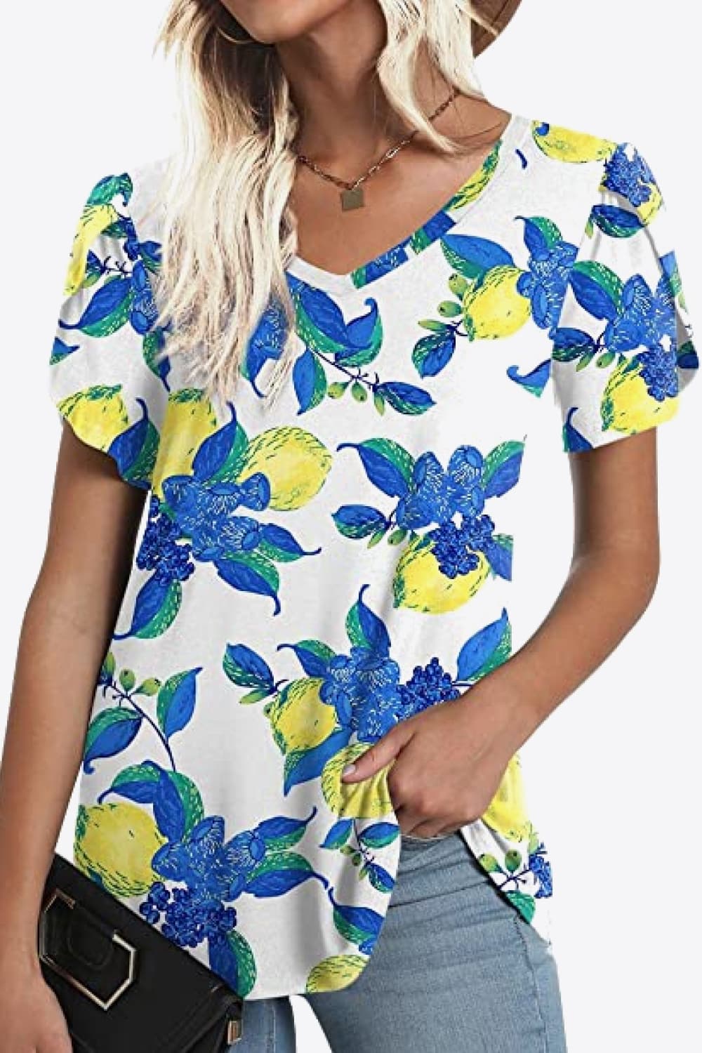 printed petal sleeve v-neck blouse