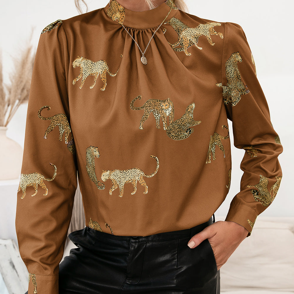 leopard graphic mock neck puff sleeve blouse